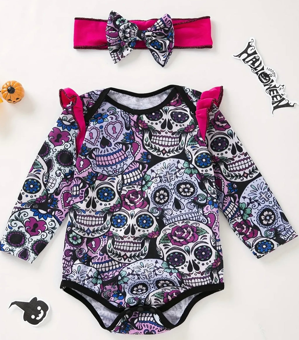Pink Skull Long Sleeve Romper
